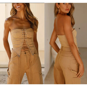 NWT Lioness East Gate Strapless Lace-Up Crop Corset Top Stone Women's Size 6